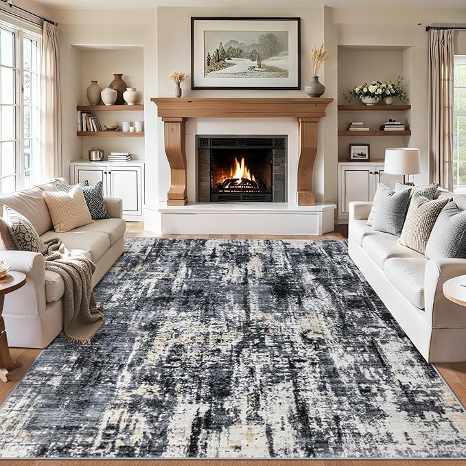 Area Rugs Living Room Rug - 4x6 Washable Modern Abstract Soft Neutral Non-Slip Carpet Large Indoor Floor Thin Carpets for Bedroom Dining Room Farmhouse Nursery Home Office Black Gold