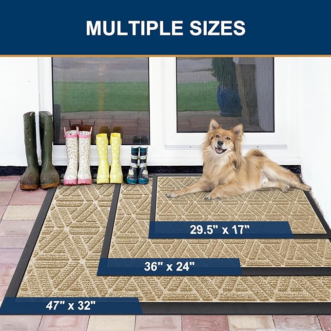 Smiry Front Door Mat Outside Entrance, Heavy Duty Sturdy Natural Rubber Doormat, Trap Dirt and Moisture, Easy Clean Low Profile Mats for Indoor Outdoor Entry, Grid Geometric (47x32, Beige)