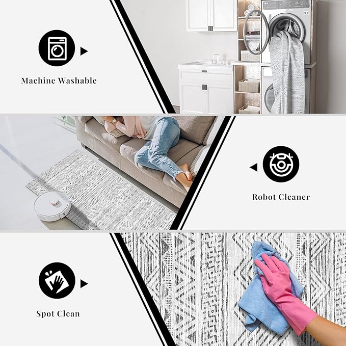 2x3 Washable Entryway Area Rug: Moroccan Small Runner Rug for Hallway Soft Modern Non Slip Door Mat with Rubber Backing Low Pile Thin Floor Carpet for Kitchen Bathroom Bedroom Indoor(Grey,2x3)