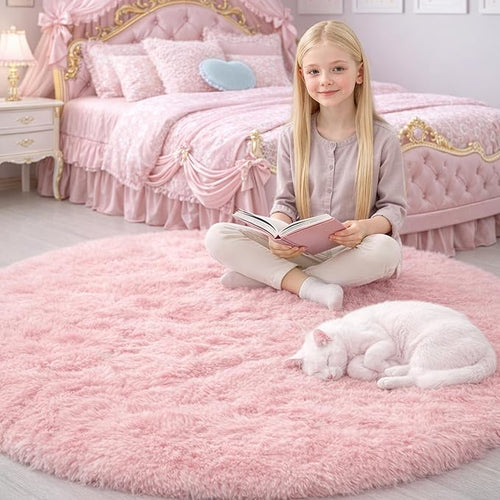 Amdrebio Light Pink Round Circle Rug 4Ft for Girls Bedroom, Fluffy Cute Area Rugs for Kids Room Decor Aesthetic, Kawaii Shag Fuzzy Fur Carpet for Nursery, Preppy Dorm, Classroom, Playroom, Teen, Baby