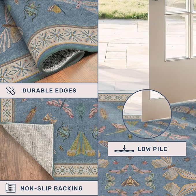 Hazo Haus Washable Blue Rugs for Bedroom Bedside - 3x4 Area Rug for Large Kitchen, Entrance Indoor, Boho Insect Print Bug Décor, Non Slip Low Pile Fade Resistant
