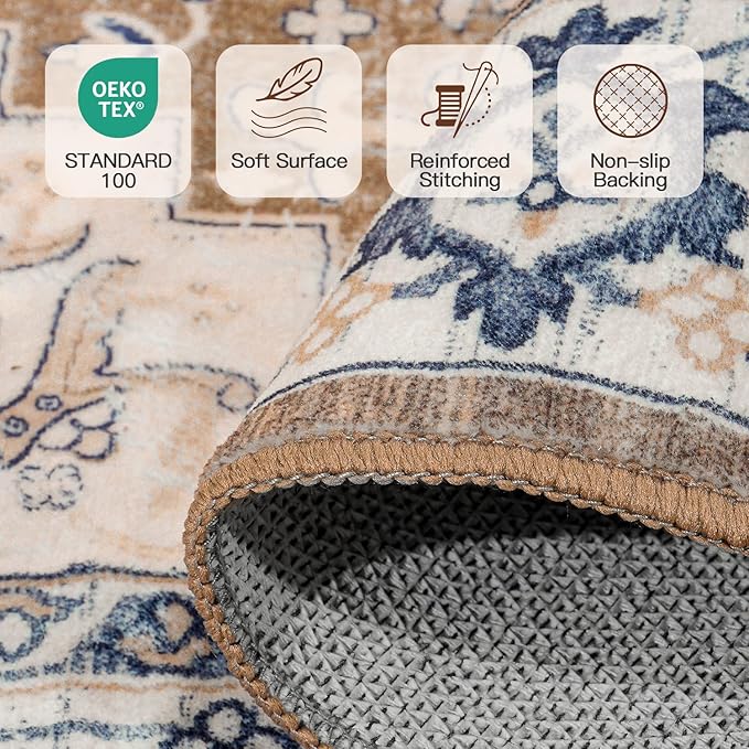 Lofus 5x8 Area Rugs for Living Room, Washable Area Rug, Rugs for Bedroom, Kitchen, Vintage Boho Carpet, Soft Non-Slip, Low Pile Large Area Rug for Office Dining Room, Floral Brown