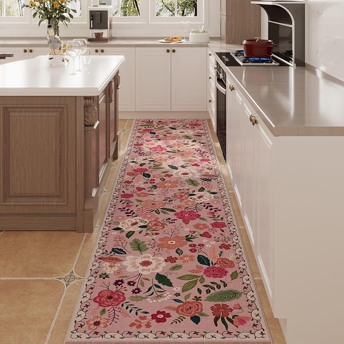 Rugcomf Washable Kitchen Runner 2'7"x12' - Floral Long Hallway Runner Rug Non Slip, Boho Carpet for Entryway, Hall, Bathroom - Pink