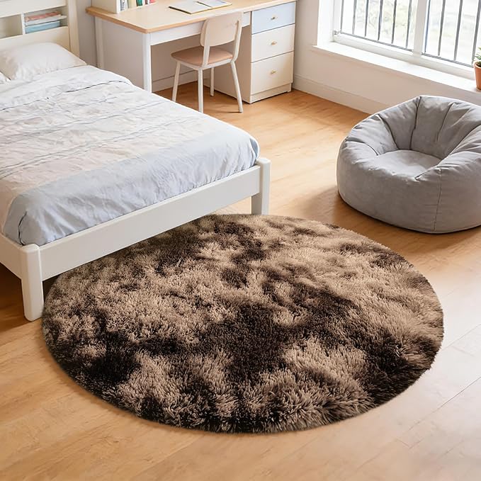 Tie-Dyed Coffee Fluffy Round Rug,Soft Area Rugs for Girls Room,Shaggy Rugs 3'X3' for Living Room,Non Slip Circle Rug for Kids Bedroom,Shag Plush Nursery Carpets,Fuzzy Rug for Dorm,Room Decor Carpet