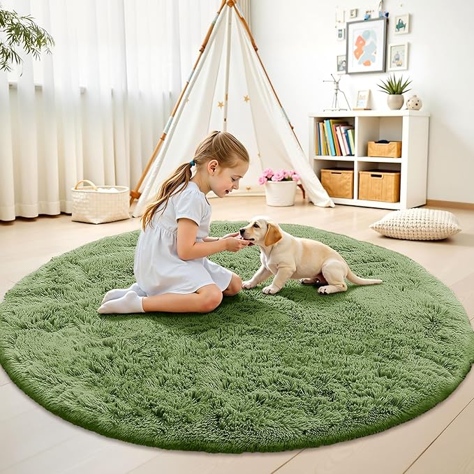 OLANLY Green Round Rugs for Bedroom - Machine Washable, 9 ft Circle Area Rugs for Living Room, Soft and Fluffy Shaggy Carpet for Teen Girl and Boys, Nursery Rooms, Dorms, Home Decor Aesthetic