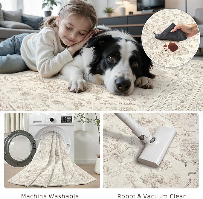 5x7 Area Rugs for Living Room: Vintage Boho Neutral Washable Rug Indoor Soft Large Area Rug Carpet for Bedroom Nursery Farmhouse Dining Room Office Floor Non-Slip Low Pile Under Table Rug Beige White