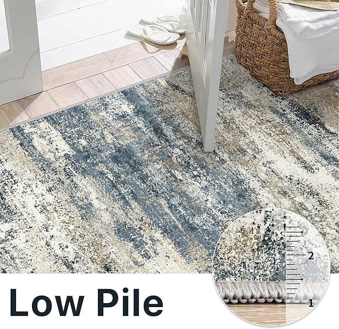 Area Rugs 5x8 for Living Room Bedroom, Modern Abstract Machine Washable Rug, Large Soft Low Pile Floor Carpet with Non Slip Backing for Dining Room, Navy Blue Beige