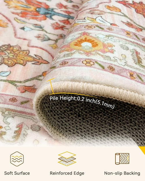 Area Rugs 6ft Washable Non-Slip, Floral Vintage Distress Print Pattern Medallion Carpet for Living Room Bedroom Dining Room, Light Pink Colorful