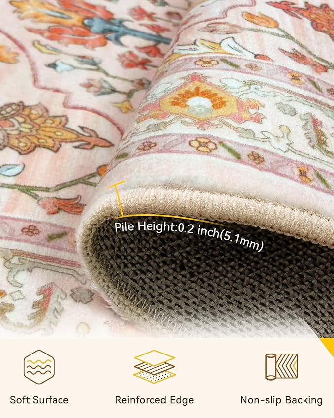 RELEANY Area Rugs 9'x12' Washable Non-Slip, Floral Vintage Distress Print Pattern Medallion Carpet for Living Room Bedroom Dining Room, Light Pink Colorful