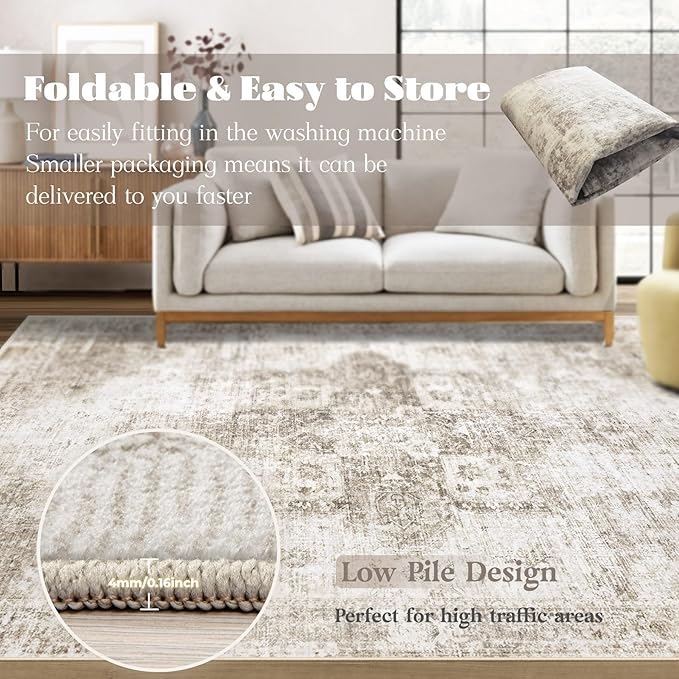 Area Rug 4x6 Washable Rug, Vintage Boho Medallion Rugs Non-Slip Soft Low Pile Distressed Rug Indoor Retro Carpet for Living Room Bedroom Dining Room Home Office (Taupe, 4'x6')