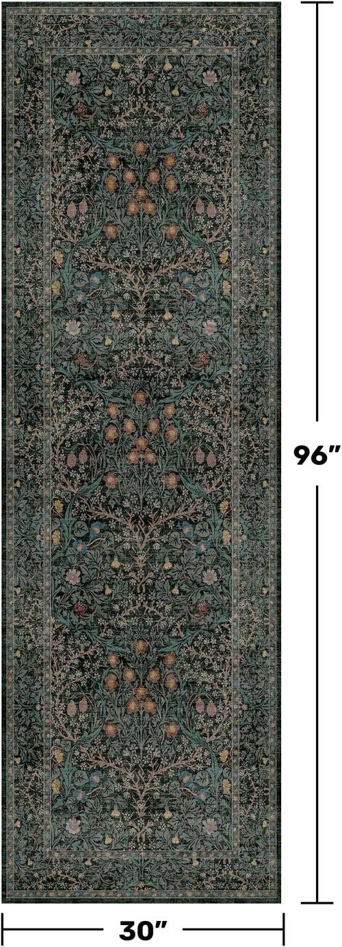 8ft Long Runners for Hallways Non Slip, 2'6" x 8' Floor Runner for Kitchen, Entryway Indoor, Washable Rubber Backing Stain Resistant - Vintage Floral Dark Green & Black Wide Décor