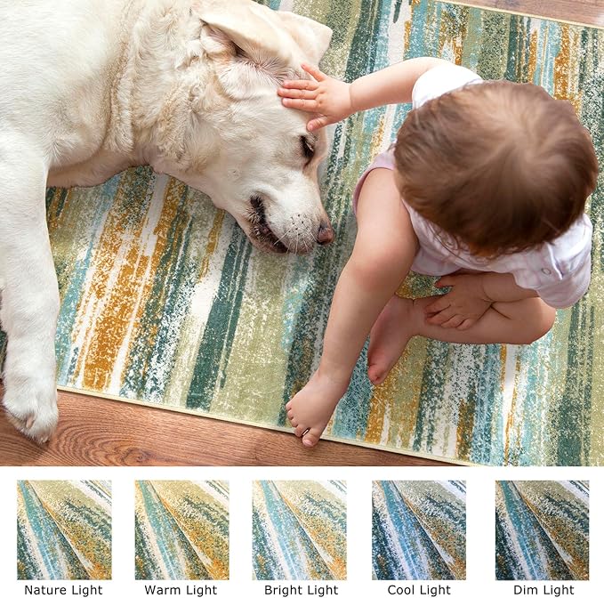 Lansny Modern Abstract Runner Rug 2x5, Green Mustard Multi Washable Entryway Kitchen Runner Non-Slip Soft Hallway Rug Runner Thin Print Faux Wool Carpet for Bedroom Laundry Room Indoor