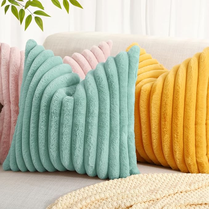decorUhome Summer Cozy Faux Fur Throw Pillow Covers 24x24 Set of 2 Decorative Soft Plush Striped Modern Farmhouse Boho Couch Euro Sham Pillow Cases with Velvet Back for Sofa Bed Living Room, Aqua