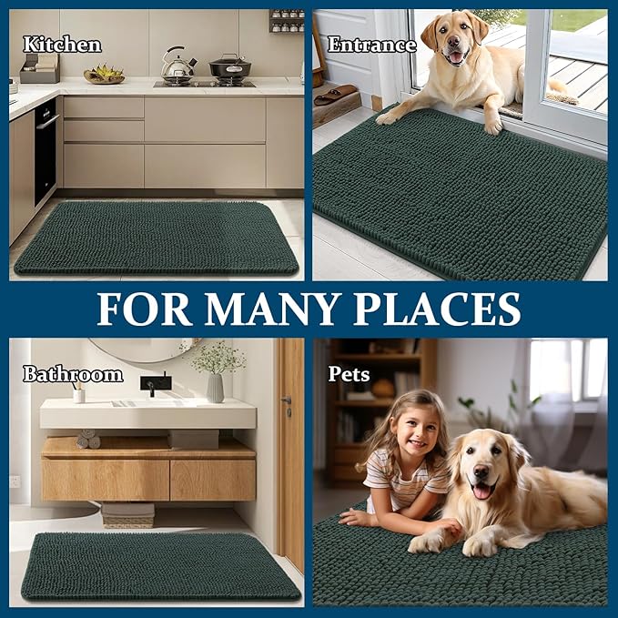 OLANLY Dog Door Mat for Muddy Paws 44x24, Absorbs Moisture and Dirt, Absorbent Non-Slip Washable Doormat, Quick Dry Chenille Mud Mat, Entry Indoor Entryway Carpet for Inside Floor, Blackish Green