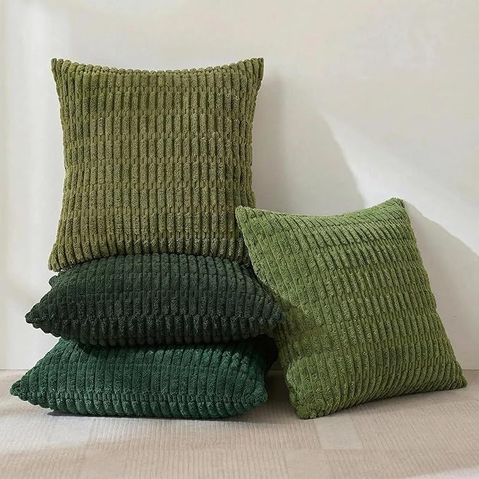 Fancy Homi Set of 4 Green Boho Winter Decorative Throw Pillow Covers 26x26 Inch for Couch Bed Sofa, Aesthetic Modern Bohemian Room Decor, Fuzzy Fluffy Cozy Corduroy Textured Cushion Case 66x66cm