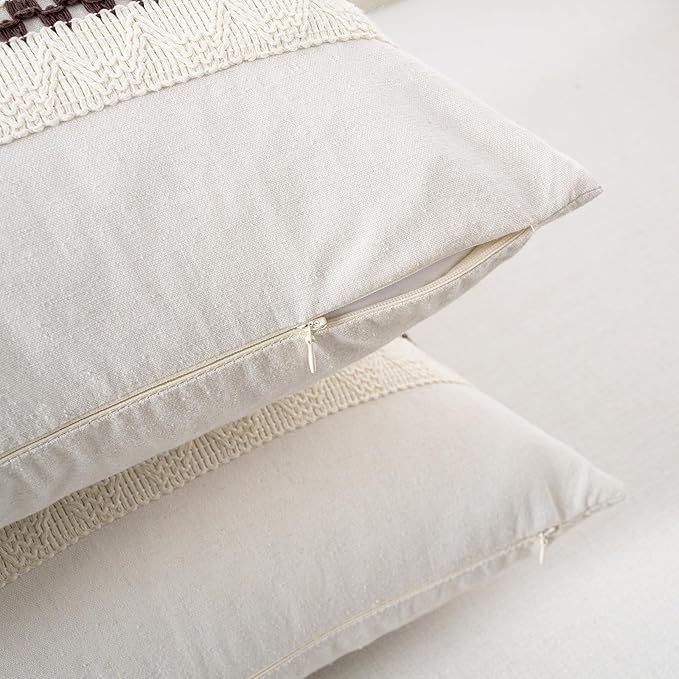 Fancy Homi Set of 1 Boho Brown Decorative Throw Pillow Cover 16x16 Inch for Couch Bed Sofa, Aesthetic Modern Organic Farmhouse Home Decor, Soft Cotton Cute Accent Macrame Woven Cushion Case