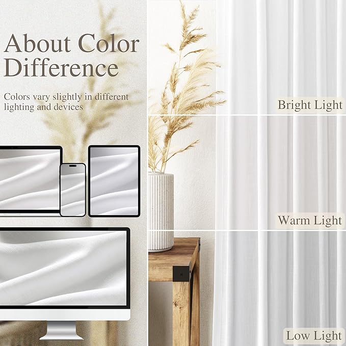 Nanspring White Linen Curtains 49 Inch Length Back Tab Pocket Semi Sheer Light Filtering Short Curtain Farmhosue Small Curtains for Basement Window Bathroom Living Room 2 Panels Set 52x49