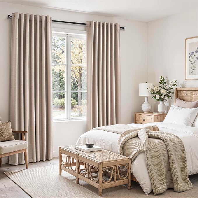 90 inch long linen Blackout curtains 2 Panels 100% Black out Linen texture Curtain Window Drapes with Back Tab Rod Pocket Light Blocking Thermal Insulated Curtains for Bedroom Living Room Beige