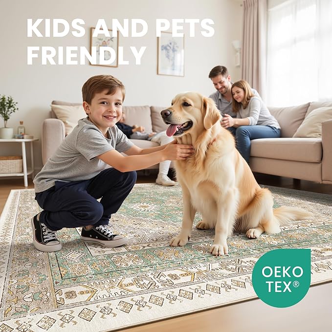 zesthome 9x12 Area Rugs,Stain Resistant Washable Rug,Ultra-Thin Rugs for Living Room,Bedroom,Non-Slip Backing Home Decor Large Area Rug (Green,9'x12')