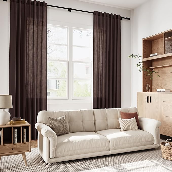 Coffee Brown Linen Curtains 80 Inch Length for Living Room Light Filtering Semi Sheer Curtain Back Tab Rod Pocket Luxury Modern Rustic Home Decor Neutral Drapes for Bedroom Dinner Room 52x80, 2 Panels