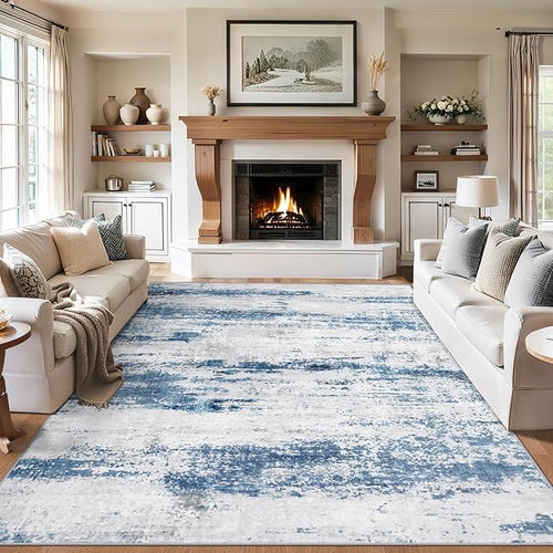 8x10 Area Rugs for Living Room - Washable Rug Modern Abstract Soft Large Neutral Non-Slip Carpet Indoor Floor Thin Carpets for Bedroom Dining Room Farmhouse Nursery Home Office White Blue Grey