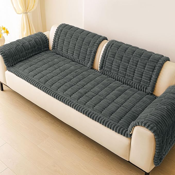 hyha Couch Covers for Dogs Washable, Non Slip Plush Dog Sofa Protectors, Fuzzy Pet Couch Covers for 3 Cushion Sofa Pet Friendly (Dark Grey, 27.6" x 27.6")