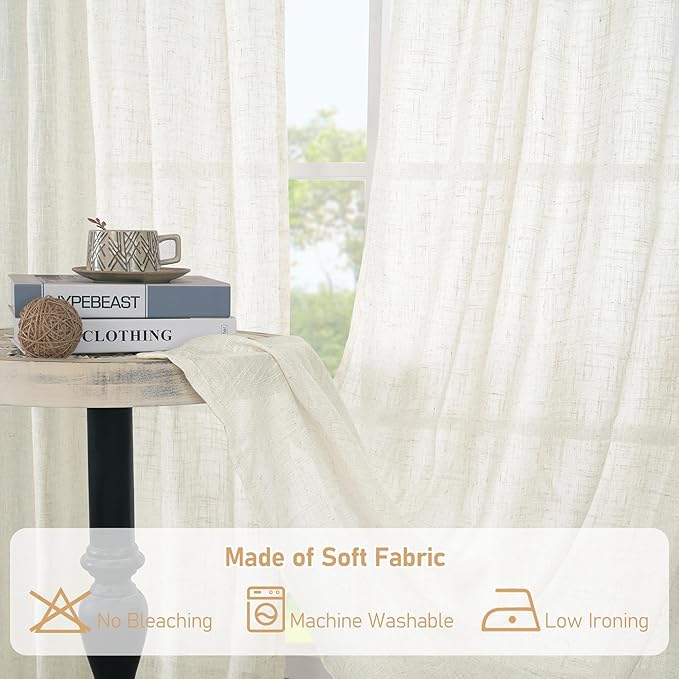LAMIT Cream 80 inch Linen Curtains for Doorway, Light Filtering Semi Sheer Drapes Back Tab and Rod Pocket Neutral Panels for Bedroom/Living Room, 34 x 80 Inch, 2 Panels
