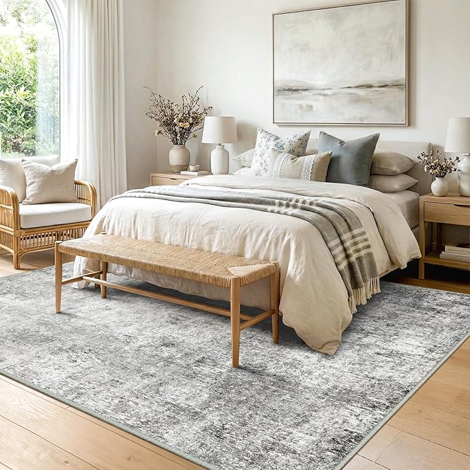 Washable Area Rugs 6'x9' Non-Slip Modern Abstract Soft for Living Room Entryway Bedroom Nursery, Print Pattern, Gray White Grey