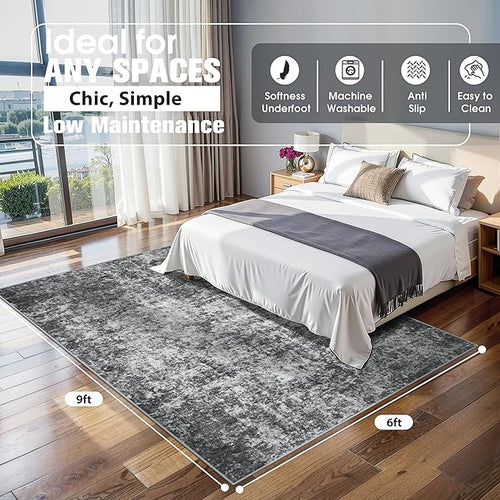 6x9 Area Rugs for Living Room Rug Washable: Abstract Rug for Dining Room Bedroom Carpet Non Slip 6 by 9 Indoor Modern Nursery Home Office Black Grey