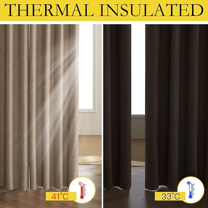 NICETOWN Burlap Vintage Open Linen Weave Flax Thermal Curtains, 100% Blackout Curtains 63" Long for Dining Room, Soundproof Window Treatment Drapes for Gym Room, 42" Wide Per Panel, Set of 2