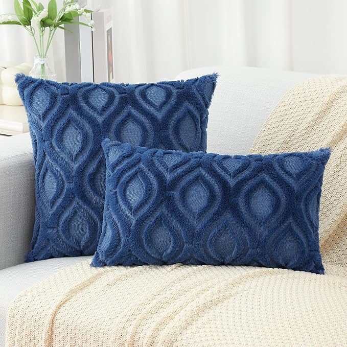 decorUhome Throw Pillow Covers 26x26 Inch Set of 2, Soft Plush Faux Wool Dark Blue Solid Couch Pillow Covers, Accent Euro Sham Farmhouse Neutral Square Pillow Cases for Sofa Bed Living Room