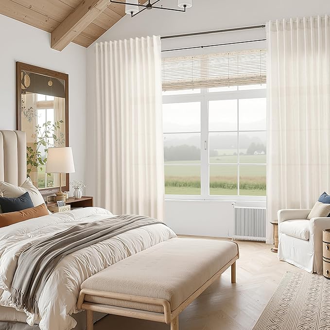 Nanspring Modern Linen Curtains for Living Room 90 Inches Long Light Filtering Semi Sheer Curtain Back Tab Neutral Luxury Modern Farmhouse Decor Linen Blend Drapes for Bedroom 52x90, 2 Panels