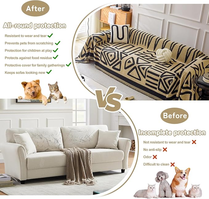 HANDONTIME Boho Geometric Couch Covers for Sofa Pet Friendly Taupe and Black Sofa Covers Washable Chenille Couch Blanket Cover for 3 4 Cushion Couches Pet Protector Furniture Cover Soft, 71" X 134"