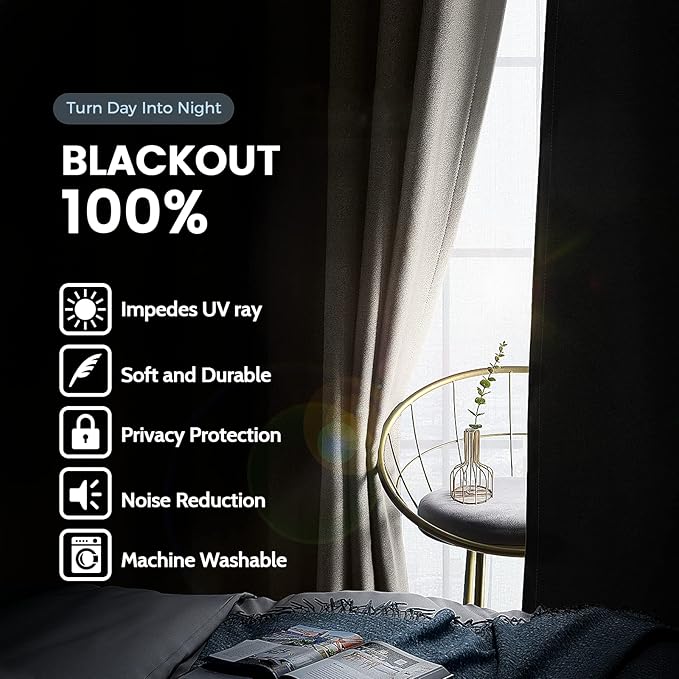 SimpleHome 100% Blackout Curtains for Bedroom,Thermal Insulated Natural Grommet Window Drapes Room Darkening Curtains for Living Room with Black Back,52 x 96 Inch,2 Panels