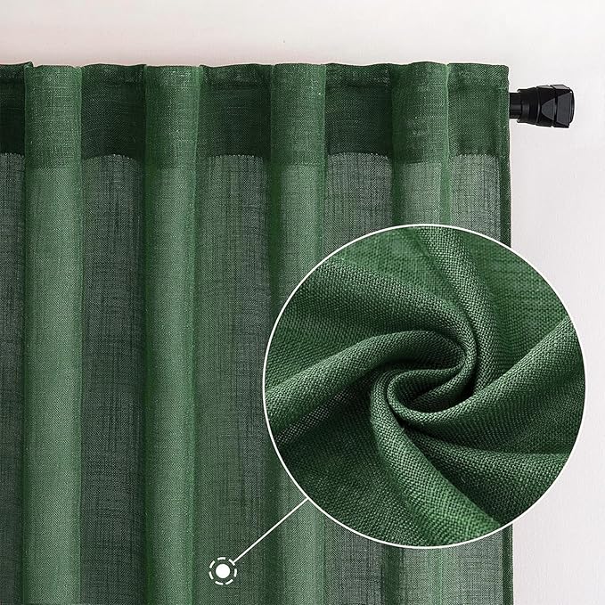MIULEE Emerald Green Linen Curtains 120 Inches Long for Bedroom Living Room, Christmas Soft Thick Linen Textured Window Drapes Semi Sheer Light Filtering Back Tab Rod Pocket Burlap Look, 2 Panels