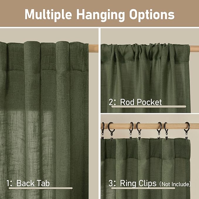 LAMIT Olive Green Linen Kitchen Curtains 30 Inch Length, Semi Sheer Light Filtering Window Panels Back Tab and Rod Pocket Drapes for Basement/Small Windows, 25 x 30 Inch, 2 Panels