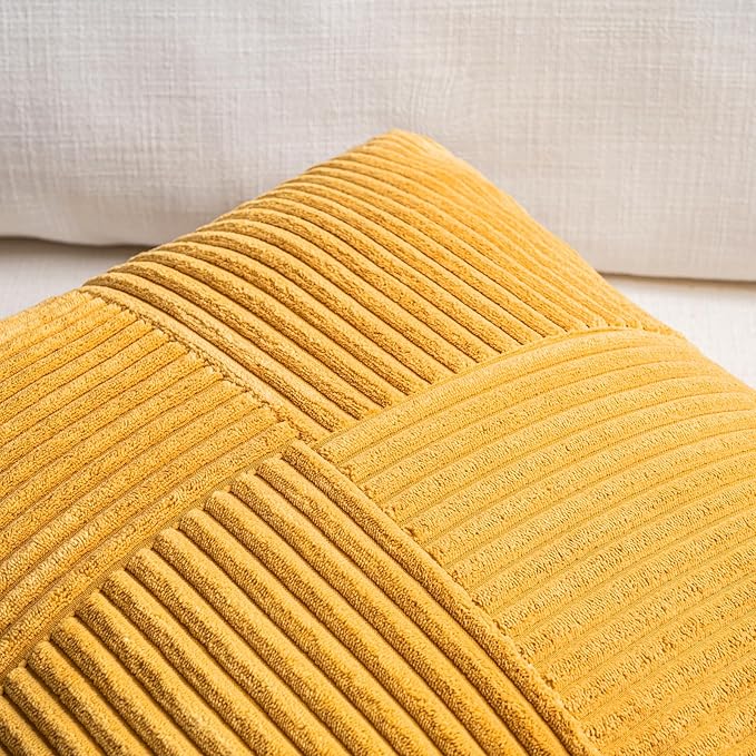 Fancy Homi 2 Packs Gold Yellow Euro Decorative Throw Pillow Covers 28x28 Inch for Bedroom Bed, Farmhouse Boho Home Decor, Soft Corss Corduroy Patchwork Textured Square Cushion Case 71x71 cm
