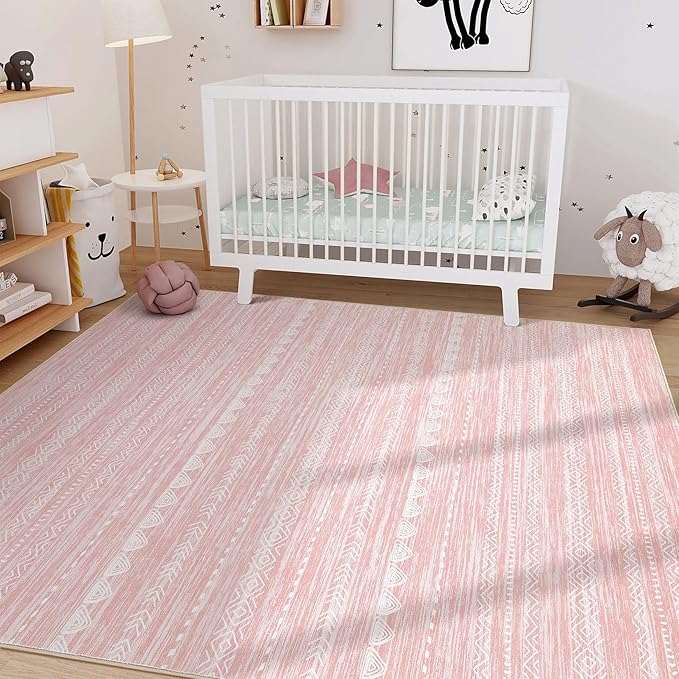 Nakagishi Pink Rugs for Bedroom Girls: 5x7 Washable Boho Large Neutral Area Rug Cute Soft Modern Indoor Floor Non Slip Accent Carpet for Living Room Nursery Kids Playroom Dorm Preppy Baby Room Decor