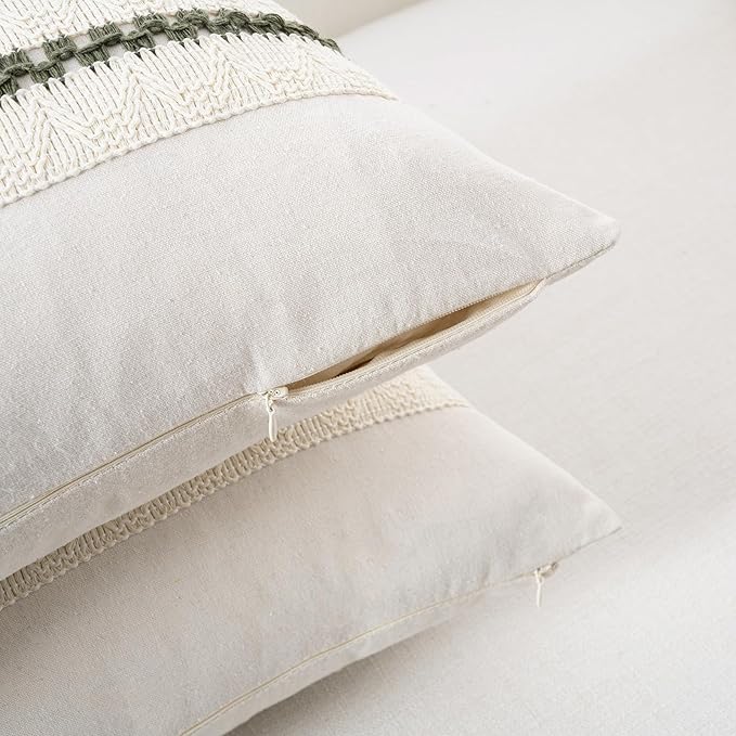 Fancy Homi Set of 1 Boho Olive Green Long Lumbar Decorative Throw Pillow Cover 12x24 Inch for Couch Bed Sofa Chair, Modern Organic Farmhouse Home Decor, Soft Cotton Cute Accent Rectangle Cushion Case