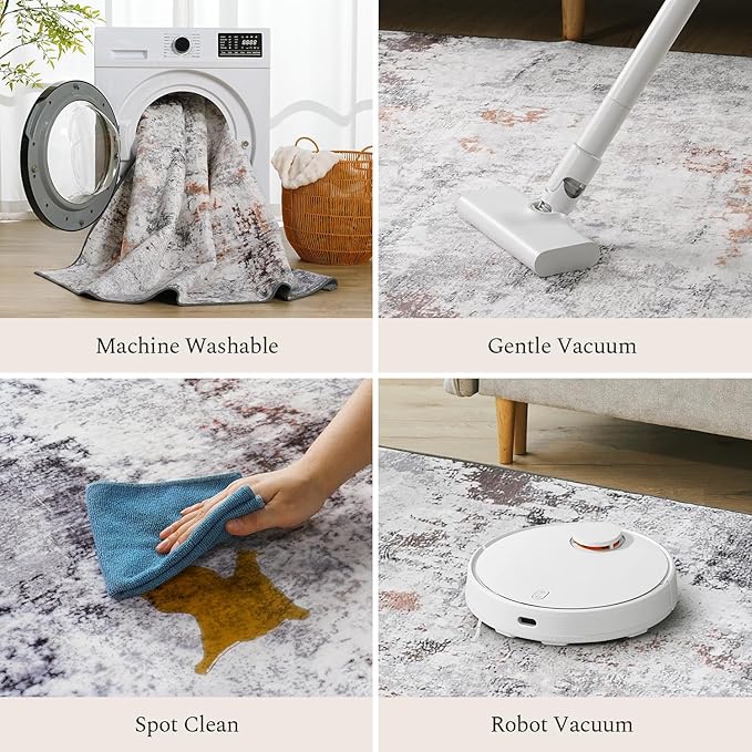 Rugflix 10x14 Area Rugs for Living Room, Washable Large Rug Stain-Resistant Low Pile, Modern Neutral Carpet for Dining Room Home Office Kid Room Nursery Bedroom, Grey Brown