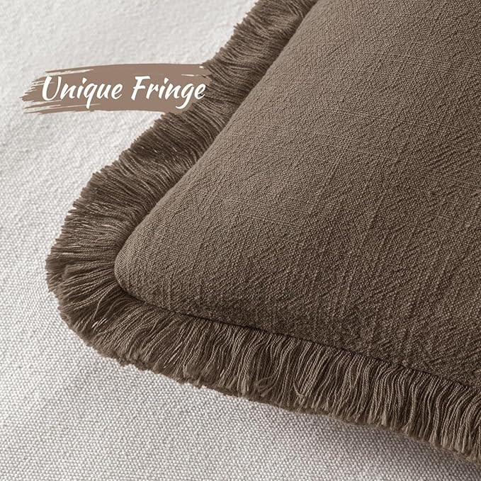 MIULEE Decorative Throw Pillow Covers Neutral Linen Fringe Throw Pillows Set of 2 Chocolate Brown Boho Farmhouse Cushion Covers with Tassels for Couch Sofa Bed Living Room Spring Decor 18x18 Inch