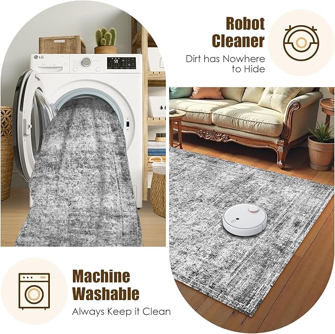 Washable Area Rug 5' x 7' Vintage Traditional Persian Mat - Foldable Distressed Non-Slip Machine Washable Carpet for Living Room Bedroom Kitchen Home Decor - Graphite and Mist