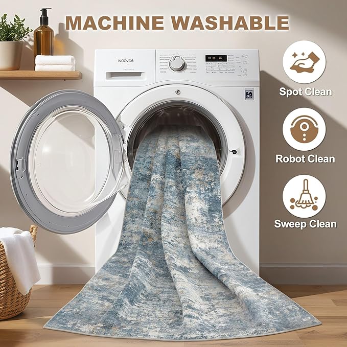 Nakagishi 8x10 Area Rugs Living Room: Washable Abstract Large Neutral Soft Rug Stain Resistant Modern Indoor Floor Non-Slip Carpet for Bedroom Nursery Kids Playroom Office Dining Room Dorm-Blue Brown