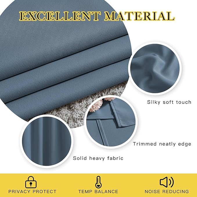 NICETOWN Smoky Blue Blackout Curtains 63 inches Long, Grommet Room Darkening Window Treatment Thermal Insulated Drapes Sound Reducing for Bedroom, W46 x L63, 2 Panels