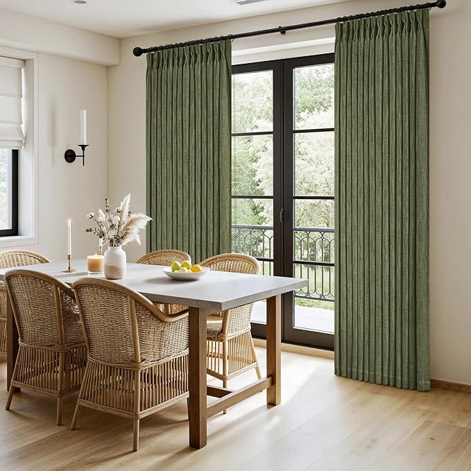 MIULEE Olive Green Pinch Pleated Thick Linen Curtains 84 Inches Long 2 Panels for Living Room Bedroom, Linen Texture Memory Trained Drapes Pleat Back Tab Semi Sheer Moss Green Track System Curtains