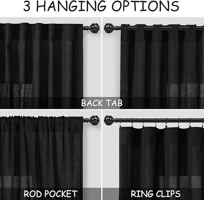 Black Linen Blend Drapes 84 Inch Length 2 Panels Set Back Tab Rod Pocket Light Filtering Privacy Semi Sheer Textured Vertical Curtains Boho Farmhouse Decor Curtains for Living Room Bedroom 40x84
