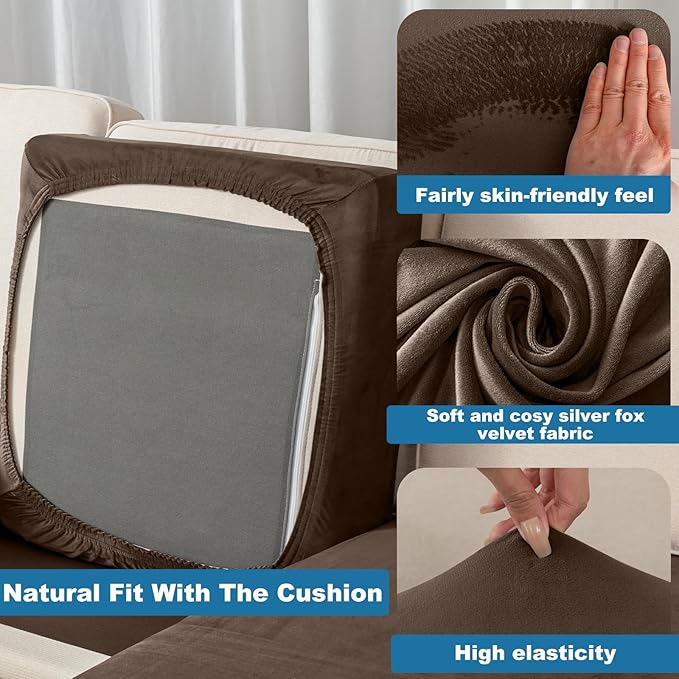 Couch Cover 4-Piece Elastic Velvet Couch Cushion Covers & Chaise Slipcovers for L-Shaped Sofas - Sofa Seat Covers Washable, Soft Protector for Couches (3 Seater + Chaise, Coffee)