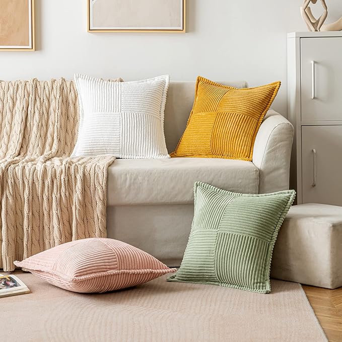 MIULEE Sage Green Corduroy Decorative Euro Sham Pillow Covers 24x24 Inch with Splicing Set of 2 Soft Boho Pillow Covers Broadside Textured Summer Pillowcases for Couch Bed Livingroom
