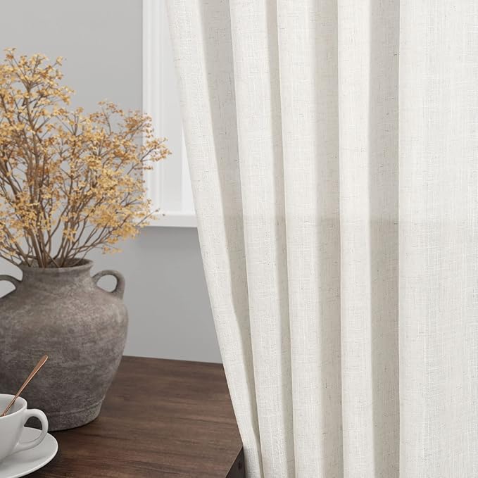 Nanspring 2 Panels Set Cream Linen Curtains 108 inches Long for Living Room Extra Back Tab Neutral Farmhouse Light Filtering Semi Sheer Drapes Ceiling to Floor Ivory 9 FT 38 Wide