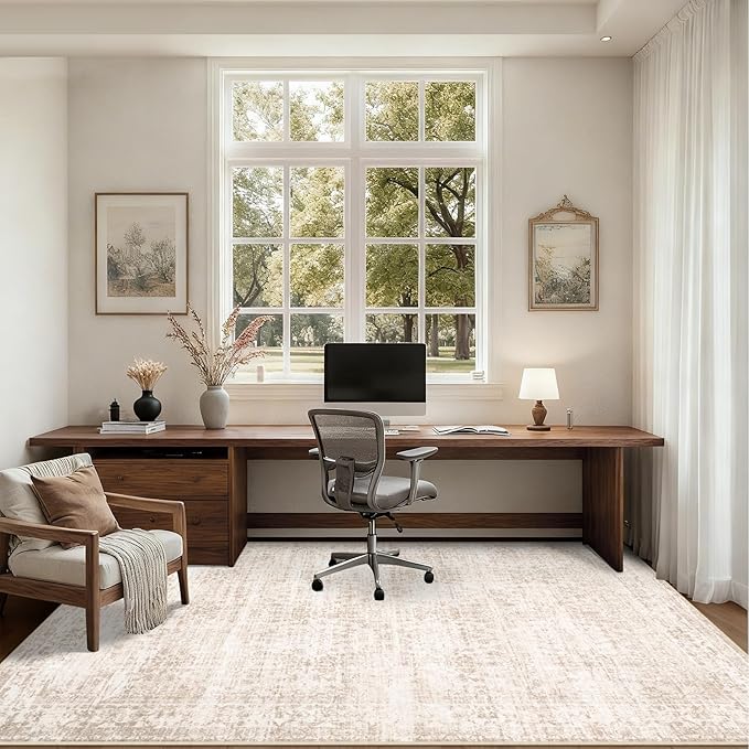 5x7 Area Rugs Living Room Rug: Washable Vintage Boho Rug No Slip Stain Resistant Soft Carpet Indoor Floor Floral Large Carpets for Bedroom Dining Room Farmhouse Nursery Hallway Home Office Beige